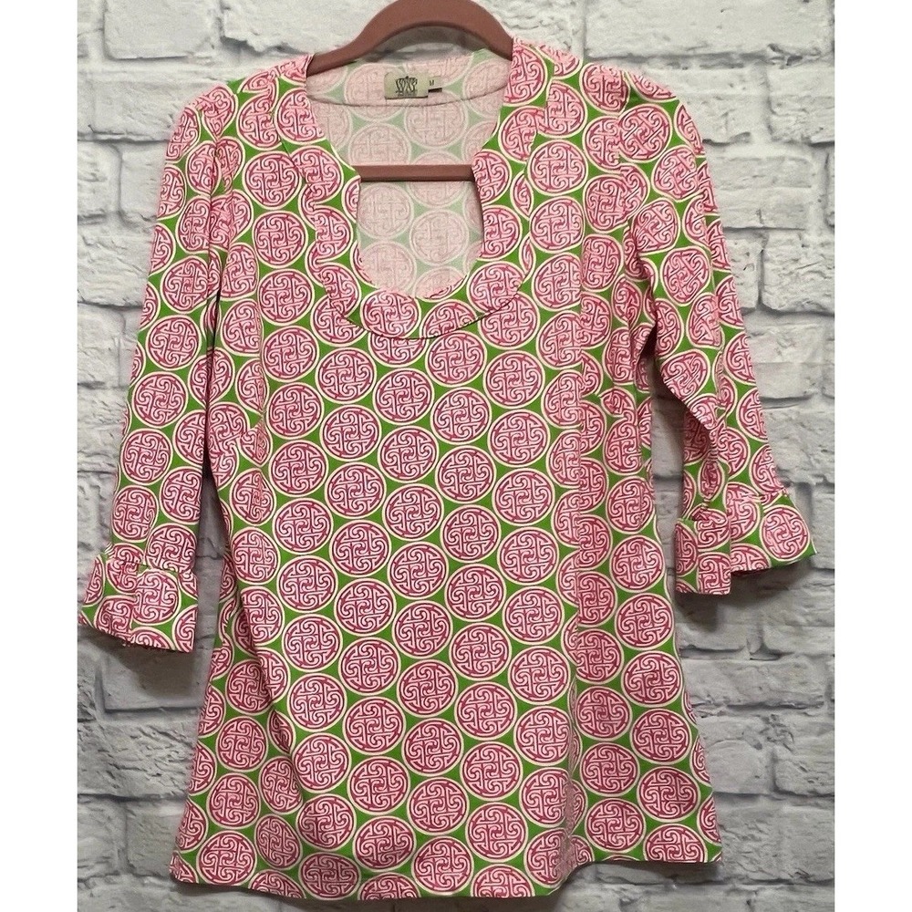 Katherine Way Tunic Shirt Size Medium Green Pink Office Beach Brunch Wear